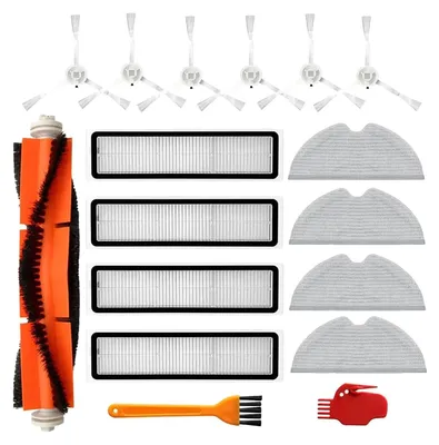A collection of vacuum cleaner replacement parts arranged on a white background.