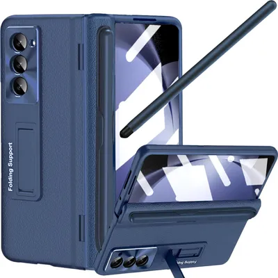 Immagine prodotto di Custodia per Samsung Galaxy Z Fold 6 Custodia rigida in pelle con pellicola protettiva, supporto e protezione della cerniera con supporto per S Pen blu