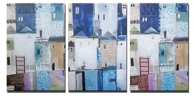 3-teiliges abstraktes Stadtbild-Set Acryl, 60x90 cm, handgemalt
