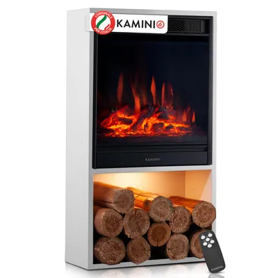 Immagine prodotto di KAMINIO Camino elettrico HUGO - Stufa elettrica con riscaldamento, effetto fiamma 3D, luce d'atmosfera a LED, vano legna, telecomando - Bianco