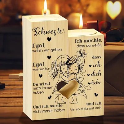 Image de Cœur Bougeoir Cadeau Set 2 Sœurs Noël Anniversaire Bois