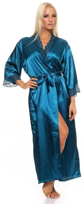 Produktbild von Damen langes Kimono Seidenrobe Morgenmantel; Petrol S
