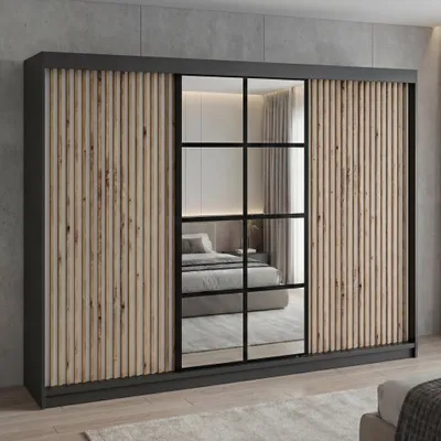 Produktbild von Schwebetürenschrank, 3-türig Schrank mit 4 Schubladen, und 3D-Lamellen. Kleiderschrank NORIVO 200 cm