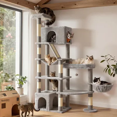 Produktbild von FEANDREA Kratzbaum für Große Katzen, Stabil mit 6 Ruhebereichen und Sisalstämmen, 105 x 45 x 188 cm, Grau
