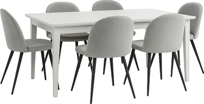 Image de Venedig ensemble pour salle à manger table à manger blanc 95x180/276 avec 2 plateaux supplémentaires 6 chaises velours gris.