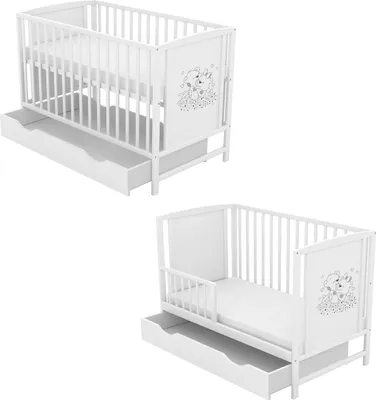 Produktbild von Baby-Delux Babybett Gitterbett Mia Schutzgitter 2in1 weiß 60x120 Bärchen mit Schublade, Sicherheitsbarriere, Matratze