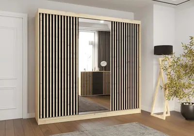 Produktbild von Easy4You Verona Eiche Artisan Schiebetürenschrank Kleiderschrank 233x218x61 cm mit Spiegel - Schlafzimmermöbel, Aufbewahrung – Mehrzweckschrank mit 2 Kleiderstangen und Lamellen