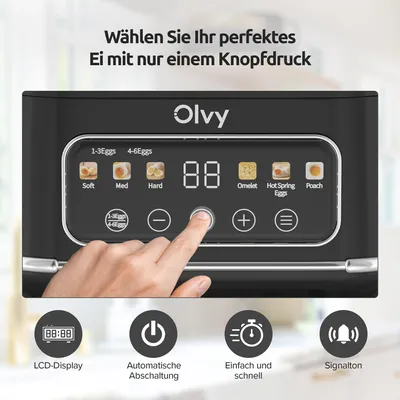 Produktbild von Olvy Eierkocher für 1-6 Eier mit Omelett- & Pochierfunktion – LCD-Timer, Abschaltautomatik, BPA-frei, leicht zu reinigen, elektrisch & kompakt