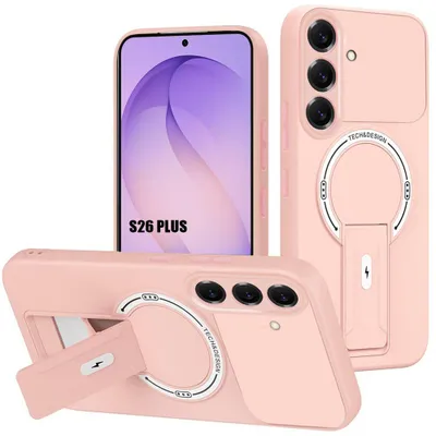 Image de Coque pour Samsung Galaxy S26 Plus, Silicone Antichoc avec Cercle Magnétique et Support - Rose