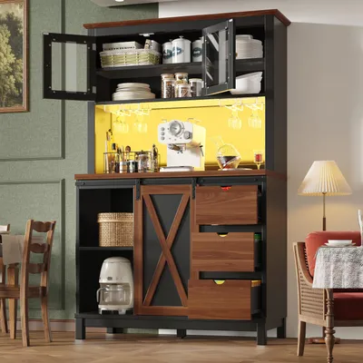 Immagine prodotto di MODFU Armadio alto Armadio alto da cucina con cassetti e ante scorrevoli, armadio contenitore, armadio da cucina con illuminazione a LED e spazio di archiviazione, adatto per soggiorno o cucina, nero