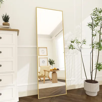 Produktbild von Ganzkörperspiegel 150 x 40 cm Gold mit Ständer zum Anlehnen oder Aufhängen Sicherheitsglas