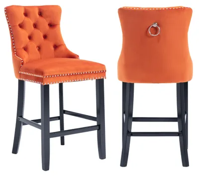 Productafbeelding van Set van 2 fluwelen barkrukken met hoge rugleuning en voetsteun, oranje met een zwart rubberhouten frame