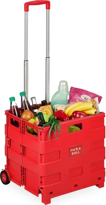 Zdjęcie produktu dla Wózek na zakupy Relaxdays, składany wózek na kółkach z teleskopową rączką, do 35 kg, składana pomoc przy zakupach, wózek na kółkach, czerwony