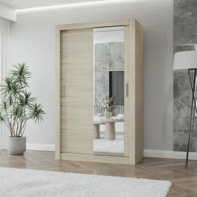 Obrázek produktu pro Skříň s posuvnými dveřmi LION, ložnice, šatní skříň 120 cm, dub Sonoma/dub Sonoma se zrcadlem, hliníkové PVC úchytky