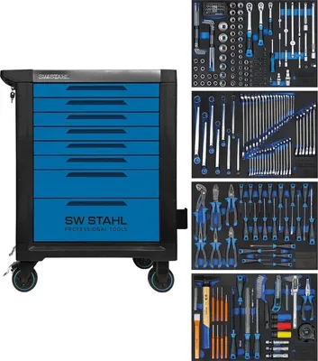 Produktbild von SW-Stahl Z3113 Profi Werkstattwagen TT801 blau I 8 Schubladen I 4 Schubladen gefüllt I 246 teilig I Werkstatt Rollwagen mit Werkzeug bestückt I Twin-Lock I Werkstattwagen kit I voll ausgestattet