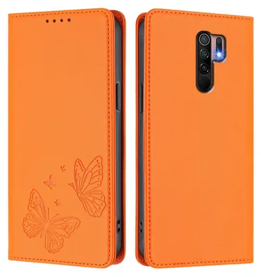 Obrázek produktu pro Kožené pouzdro pro Xiaomi Redmi 9, motýlí ražbou, peněženkové flip pouzdro se stojánkem Oranžová