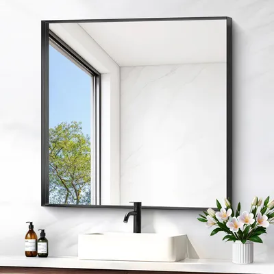 Immagine prodotto di Specchio da parete, 75x75 cm, cornice nera, alluminio, adatto per bagno, camera da letto, soggiorno, montabile sia orizzontalmente che verticalmente