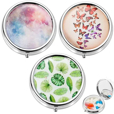 Productafbeelding van Pillenbox, metalen, rond, met 3 compartimenten, 3 stuks. Reisetui met spiegel voor vitamines, medicijnen, organizer