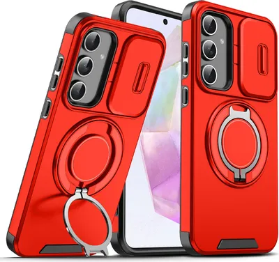 Image de Etui double couche pour Samsung Galaxy A54 5G, avec couvercle coulissant pour l'appareil photo et anneau magnétique Rouge