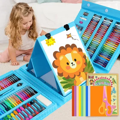 Produktbild von Malset für Kinder 208-teilig mit Doppelstaffelei und Malkoffer | Buntstifte, Wasserfarben, Ölpastelle, Bleistifte | Blau