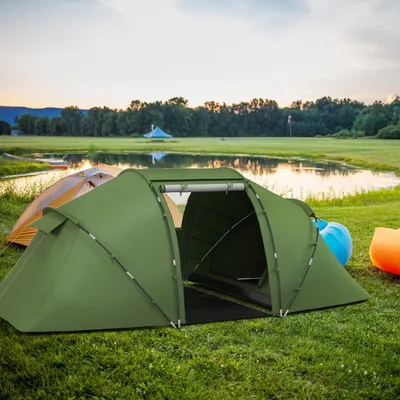 Produktbild von Tunnelzelt 4-6 Personen mit 2 Schlafkabinen, Familienzelt Campingzelt, Taft Fiberglas, Grün | 430 x 240 x 170 cm | 2000 mm wasserdicht | 6,3 kg
