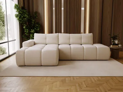 Produktbild von GrainGold Ecksofa L-Form Montero Links - Ecksofa mit Schlaffunktion, Bettkasten - Moderne Ecksofa, Wohnzimmer Sofa - Eckcouch mit Bouclé-Stoff -  Creme