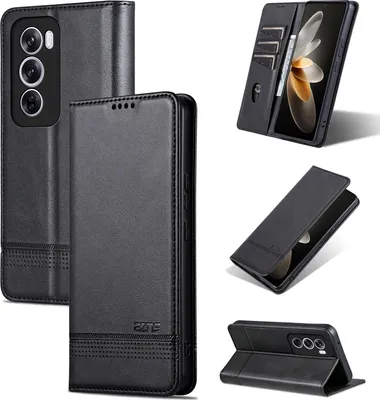 Image de Etui en cuir pour Oppo Reno12, étui portefeuille pliable avec fermeture magnétique et support noir