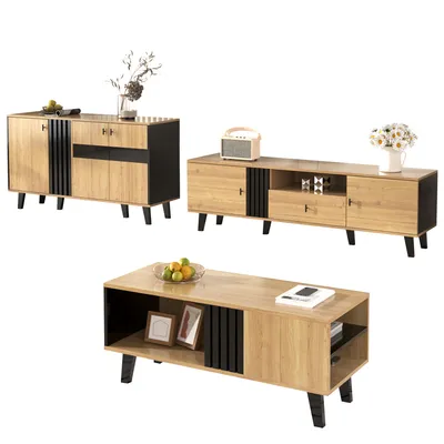 Produktbild von Wohnzimmer 3-teiliges mit Couchtisch, TV-Möbel und Sideboard, Viel Stauraum, Moderner Stil, Holz und Schwarz