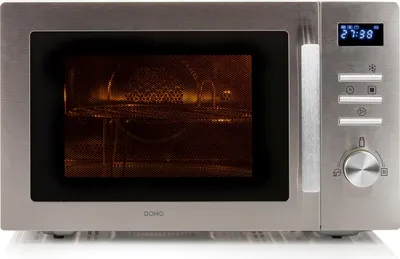 A silver Domo brand microwave oven is shown from the front.