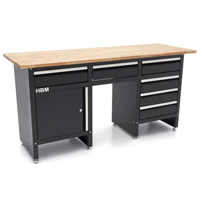 Produktbild von HBM Werkbank 171 cm mit 6 Schubladen und Tür, Arbeitsplatte aus Massivholz, schwarz