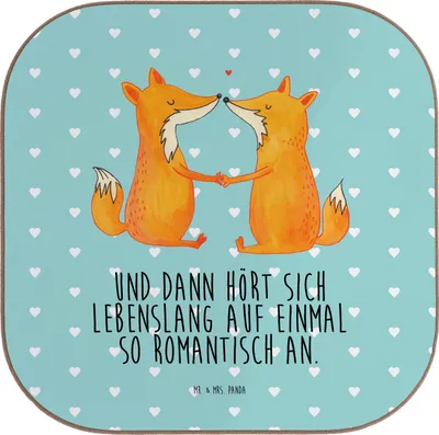 Produktbild von Mr. & Mrs. Panda Untersetzer für Gläser Füchse Liebe - Türkis Pastell - Geschenk, gläseruntersetzer, Holzuntersetzer, Glas, Partner, Tischuntersetzer, Fuchs, Ehemann