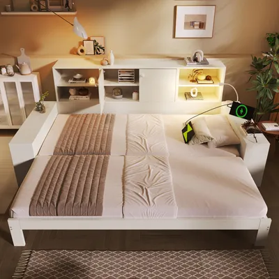 Produktbild von okwish Schlafsofa 90x200 Stauraumbett Jugendbett mit Ausziehbett Holzbett Einzelbett mit USB und Typ-C-Anschluss Funktionsbett Doppelbett mit offenen Fächern Weiß (ohne Matratze)
