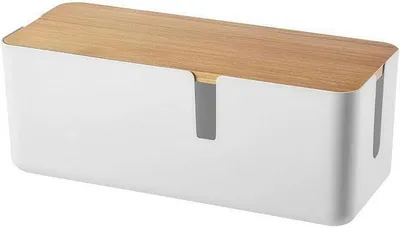Produktbild von PolkaHome® Kabelbox mit Bambusdeckel – Kabelaufbewahrung für Steckdosenleisten, Kabelmanagement-Box für Ordnung im Homeoffice, Weiß