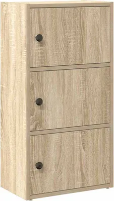 A three-door cabinet with a wood grain finish.