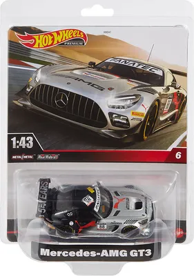 A Hot Wheels Mercedes-AMG GT3 toy car in its packaging, displayed against a blurred background of a race track.