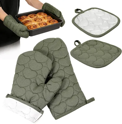 Produktbild von Ofenhandschuhe und Topflappen, 4-teiliges Set, hitzebeständig bis 250 °C, rutschfeste Kochhandschuhe mit Topflappen für Kochen, Backen und Grillen (27 cm)