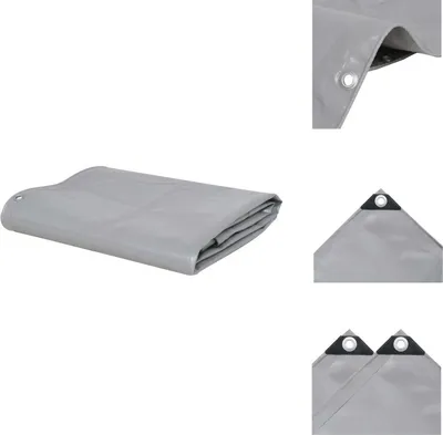 A folded grey tarp is shown against a white background, with close-up views of its grommets.