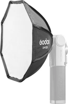 A Godox LM-S25 mini softbox diffuser attached to a Godox Lux Master retro camera flash.