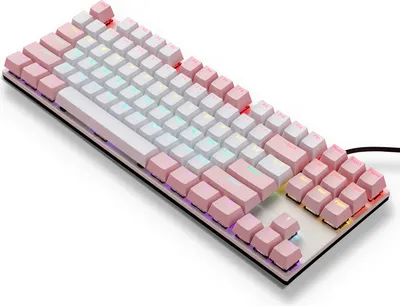 A pink and white mechanical keyboard is shown from a diagonal angle against a white background.