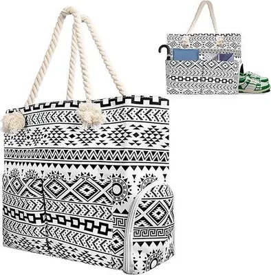 Produktbild von Famanu Strandtas Damen Große Einkaufstasche mit Reißverschluss und Schuhfach - Beige