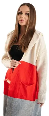 Produktbild von Kapuzen-Cardigan mit Streifen, Beige + Rot + Grau