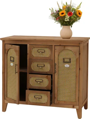 Zdjęcie produktu dla Komoda apteczna HWC-O63, kredens, szafka, schowki, szuflady, rattan w stylu vintage 80x91x40cm ~ korpus naturalny