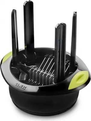 A close-up studio shot of a black and green lemon slicer.