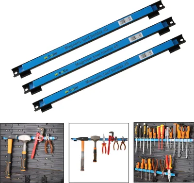 Produktbild von 3 x Magnetliste Magnetische Werkzeugleiste Metallstreifen Länge 45 cm Schwarz, Für Werkzeugtafeln der Marke BOTLE mit Befestigungswinkeln für Schraubendreher, Zangen, Bohrer und mehr