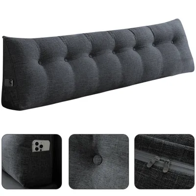 Produktbild von 200cm Keilkissen Bett Großes Rückenkissen Bett Lesekissen für Bett und Sofa,Bettkissen Wandkissen Bett Lendenkissen mit Seitentaschen Grau (Leinen)