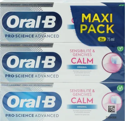 Image de Dentifrice Oral-B 3 x 75 ml - Calm Original & Pro-Science Advanced en pack avantageux pour les dents sensibles et une protection complète