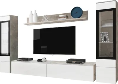 Produktbild von MIRJAN24 Wohnwand Vera II, Stilvoll Wohnzimmer-Set, TV-Schrank, Modern Mediawand (Beton / Weiß Hochglanz, ohne Beleuchtung)