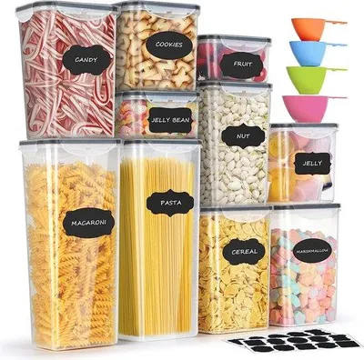 Obrázok produktu pre Sada 10 vzduchotesných nádob Unyqoos®, bez BPA, vhodná do kuchyne – 2 nádoby po 0,43 l, 2 nádoby po 0,9 l, 4 nádoby po 1,2 l, 2 nádoby po 2 l, vrátane 20 štítkov a 4 odmeriek, vhodné do umývačky riadu