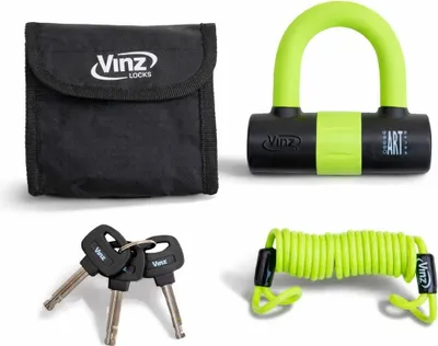 Produktbild von VINZ Dinara Bremsscheibenschloss ART4 | Schloss für Motorrad Roller Moped Scooter für Bremsscheiben mit Errinerungskabel | Scheibenschloss mit 3 Schlüssel | Gelb