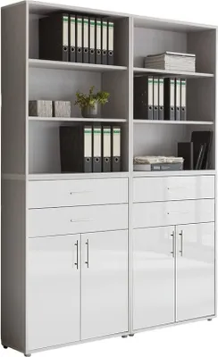 Produktbild von Aktenschrank TABOR 20 in lichtgrau / weiß Hochglanz, Schrankwand, Büroschrank, Metallgriffe